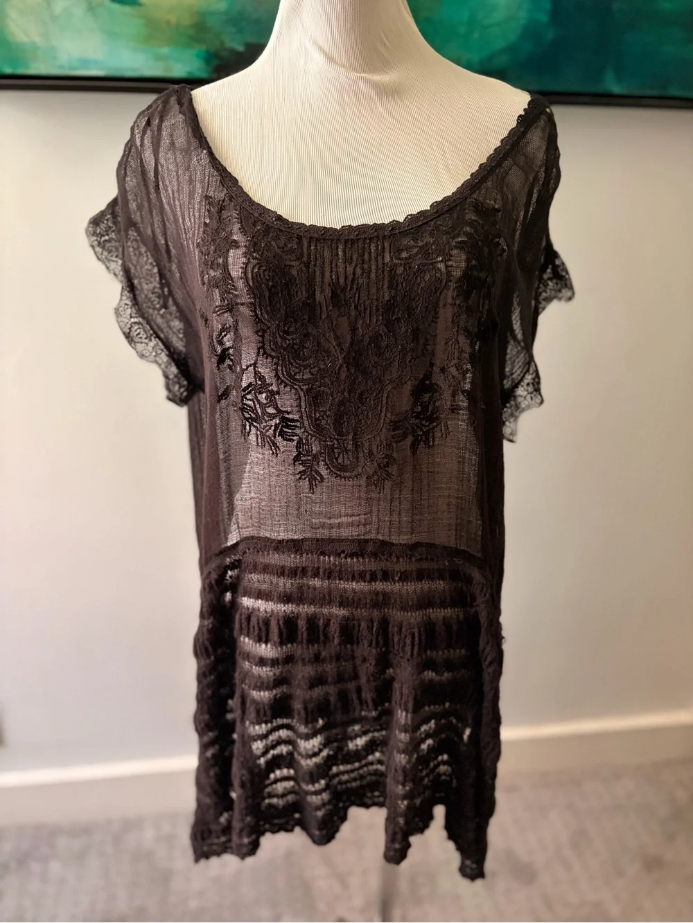 Free People Sheer Black Embroidered Midi Dress